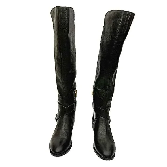 Vince Camuto Knee-High Black Leather Boots Gold Hardware Size 5M Zip - Picture 4 of 10